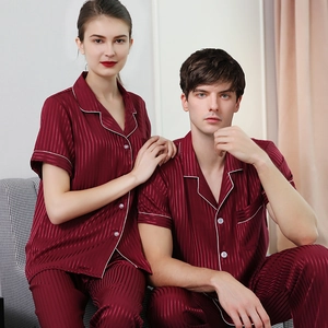 Burgundy striped satin pajama set for couples featuring notched lapel and white piping