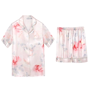 Short sleeve ice silk pajama set with pink floral watercolor print for women