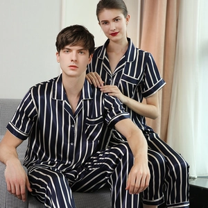 Couples dark blue silk pajamas set with white vertical stripes and short sleeves