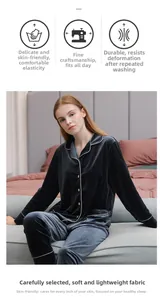 Detailed view of women's dark blue velvet pajama set with white piping and classic lapels