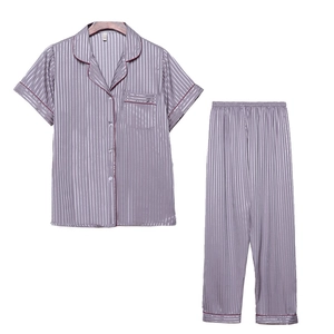 Lavender striped silk pajamas set with short sleeve button-up shirt and long pants