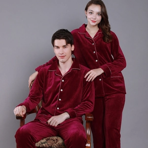 Couples Waffle Knit Pajamas Thickened Warm Sea Island Velvet Long Sleeve Button Down Sleepwear Top And Pants Nightwear