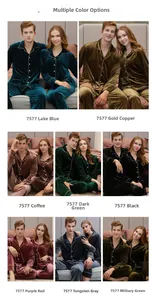 Collage of velvet pajama sets in eight metallic colors showing fine texture and piping
