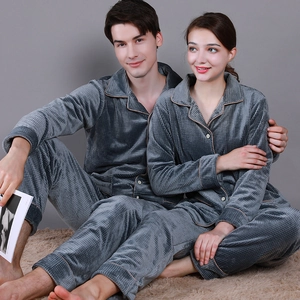 Thick grey waffle-knit couple's pajama set featuring button-down long-sleeve winter lounge wear