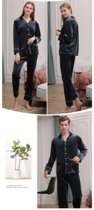 Detail view of navy velvet pajama set with white piping and button-down design