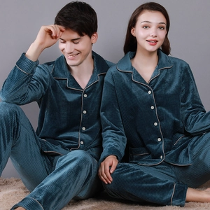 Couples thick velvet waffle pajamas set in peacock green with lapel cardigan design