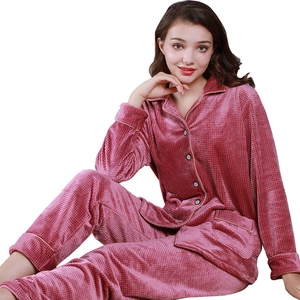 Pink waffle texture velvet pajama set with long sleeves and gold piping for women