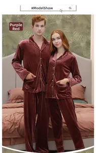 Matching velvet pajama set in burgundy with elegant gold piping and lapel collar details