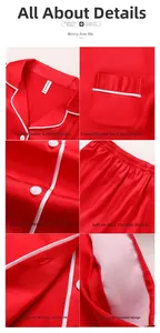 Detail view of red satin pajamas showing lapel collar, buttons, and contrast piping