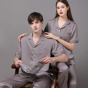 Ensemble pyjama en soie à manches courtes pour couples, couleur mauve, avec pantalon long
