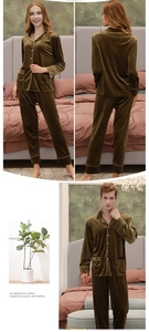 Detail view of deep olive green velvet pajamas set with contrast piping and lapel collar