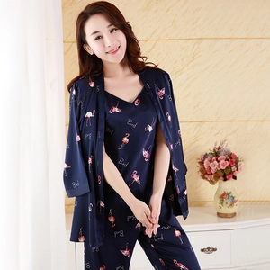 Women Satin Camisole Long Pants And Robe Floral Print Homewear Elegant Botanical Pattern Nightwear Sleepwear For Women