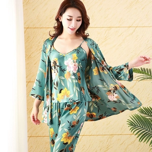 Green silk-like floral pajama 3-piece set including camisole top, pants and robe