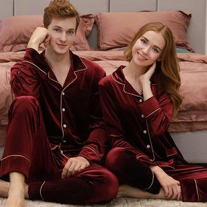 Matching burgundy velvet pajamas set with long sleeves and elegant gold piping trim