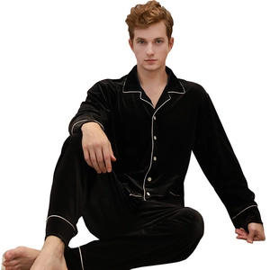 Classic black velvet pajama set for men featuring long sleeves and white piping trim