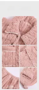 Detailed views of pink coral fleece pajamas showing collar, pocket, and elastic waistband