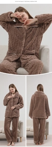 Three views of a thick brown flannel pajama set with cable knit texture and white piping