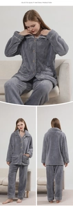 Detailed views of grey coral fleece pajama set with white piping and button-up front