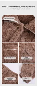 Detail view of thick brown sherpa fleece pajamas showing collar, pockets and cuffs