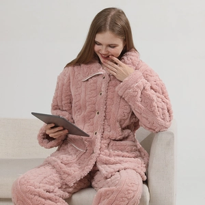 Women Thick Flannel Pajamas Warm Coral Fleece Home Wear Button Down Top And Pants Sleepwear
