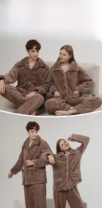 Detailed close-up of brown flannel couple pajamas with thick textured wave fleece fabric