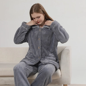 Gray coral fleece pajama set with button-down long sleeves and white piping detail