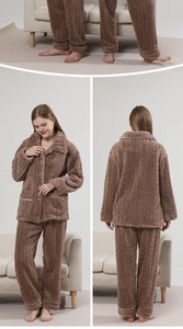 Detail of warm brown flannel pajama set featuring cable knit texture and white piping