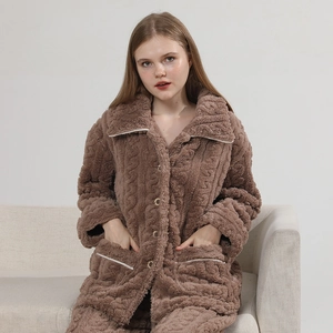 Brown coral fleece pajama set with thick flannel texture and elegant lapel design