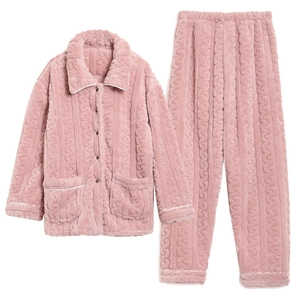 Pink coral fleece pajama set for women with cable knit texture and contrast piping