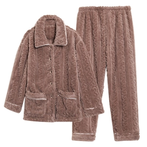 Coffee brown thick coral fleece men's pajama set with twist texture and white piping