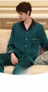 Détails de l'ensemble de pyjama en satin de soie bleu sarcelle pour homme avec col en V