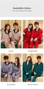 Collage of silk pajama sets for couples in beige, red, blue, and green satin fabric
