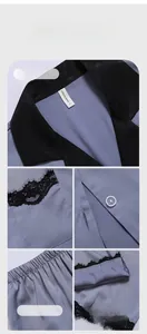 Détails d'un pyjama en soie grise avec bordure en dentelle noire et col à revers chic