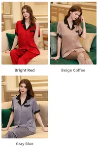 Three-color display of silk satin pajama sets with elegant lace trim and contrast collar