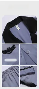 Detail view of smog blue silk pajama set featuring black lace trim and elastic waistband