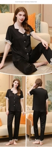 Detailed views of black silk pajama set with white lace trim on sleeves and hem