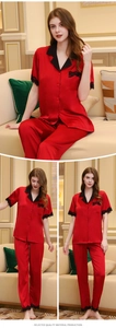 Silk-like red pajama set featuring black lace trim and lapel short sleeve shirt with pants