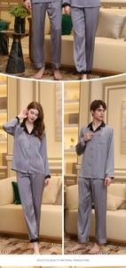 Lace detail on silk long-sleeved couple pajamas with glossy satin finish
