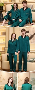 Detail of dark green satin couple pajamas with golden trim and black lapel design