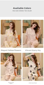 Detail of four floral print silk pajamas with elegant lace cuffs and lapel collar