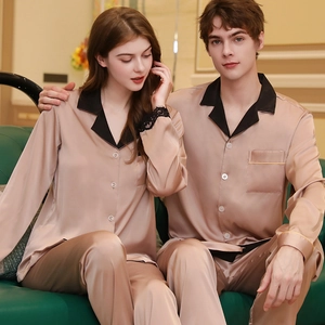 Couple Satin Silk Pajamas Long Sleeve Top And Bottom Sleepwear Casual Lounge Wear Contrast Trim Elegant Nightwear Pajama Set