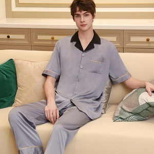 Pigiama da Uomo in Satin Maglia E Pantaloni Lunghi Colletto a Rever Profilo a Contrasto Lussuoso Abbigliamento da Casa