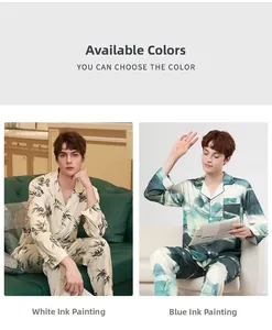 Detail of silk satin men's pajamas featuring white and blue ink wash floral patterns
