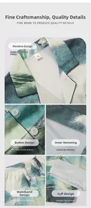 Detailed views of pajama collar, white buttons, and elastic waistband with pixelated pattern