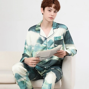 Men's silk-like long sleeve pajama set with dark green abstract landscape print