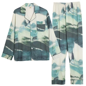 Men's silk satin pajama set with green abstract landscape print and long sleeves