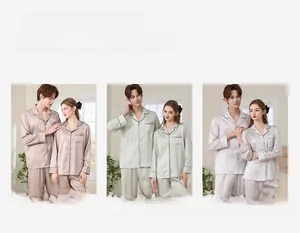 Silk-satin pajama sets in beige, light green and purple with contrast piping detail
