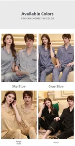 Detail showing silk pajama set in sky blue, gray blue, champagne gold, and black colors