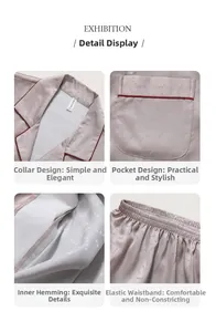 Detail view of purple silk pajamas featuring red piping and a square chest pocket