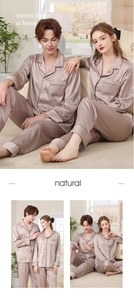 Detail of champagne satin couple pajamas showing smooth silk texture and contrast piping
